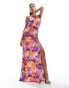 True Violet satin halterneck maxi dress in dark floral print