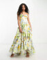 ASOS DESIGN twist front tiered babydoll voile maxi dress with frills and hi low hem in floral print