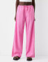 Bershka tie waist wide leg linen trousers in bright pink