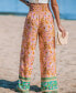 Women's Orange Floral Smocked Waist Straight Leg Pants