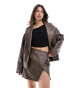 SNDYS leather look oversized collar jacket co-ord in washed brown