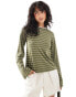 ASOS DESIGN long sleeve stripe contrast neck trim top in khaki