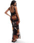 ASOS DESIGN mesh cowl back maxi dress with tie in black floral print