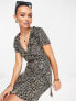 ASOS DESIGN plisse short sleeve ruffle wrap mini dress in brown leopard print