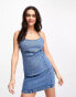 Stradivarius denim cami mini dress in medium blue