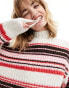 Monki mock neck chunky knit sweater in off white with multi-coloured stripes