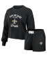 Women's Black Distressed New Orleans Saints Waffle Knit Long Sleeve T-shirt and Shorts Lounge Set