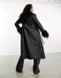 Reclaimed Vintage longline leather look mac with faux fur collar in black