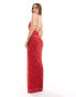 ASOS DESIGN deep cowl neck mesh maxi dress with exposed bra detail in red and white stripe