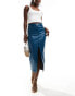 Style Cheat leather look midi skirt with split front in blue