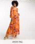 ASOS DESIGN Tall button through pintuck maxi dress with lace inserts in orange floral print