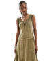 Reclaimed Vintage western milkmaid twill midi dress in washed khaki