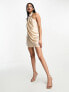 ASOS DESIGN one shoulder super draped asymmetric neck cowl back mini dress in stone