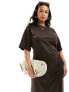 ASOS DESIGN Curve premium t-shirt midi dress with roll sleeve and tuck side detail in chocolate