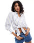 & Other Stories linen blend tie front shirt in blue and white stripes