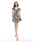 ASOS DESIGN v neck flutter sleeve mini tea dress in mono blurred floral print