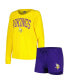 Women's Purple, Gold Minnesota Vikings Raglan Long Sleeve T-shirt and Shorts Lounge Set