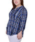 Plus Size Long Sleeve Roll Tab Sleeve Plaid Y-Neck Top