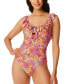 Jessica Simpson Floral Rendevous Ruffled-Neck Swimsuit Flax Multi Size Small