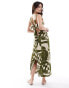 ASOS DESIGN square neck tie back linen midi sundress in green abstract print