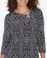 Petite Ring Neck Medallion Puff Printed Knit Top with Asymmetric Hem