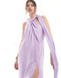 ASOS DESIGN satin halter wrap neck detail maxi dress with drape detail in lavender