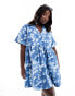 ASOS DESIGN Curve mini shirt dress with revere collar and corset hem in blue abstract print