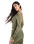 ASOS DESIGN co-ord mesh long sleeve ruched one shoulder top in khaki