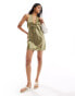 Miss Selfridge satin lace trim halter mini dress in khaki