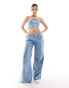 Liquor N Poker co-ord denim cropped bandeau corset top with sequins in blue