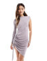 ASOS DESIGN asymmetric drape mini dress with ruche drawstring tie in grey