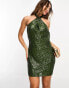 ASOS DESIGN embellished halterneck twist mini dress in allover sequin in khaki