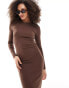 Pimkie ruched waist long sleeve bodycon midi dress in brown