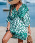 Women's Green Floral Paisley Puff Sleeve Mini Beach Dress