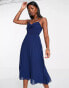 ASOS DESIGN twist front pleated cami midi dress with belt in navy