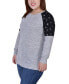 Plus Size Long Sleeve Knit with Print Shoulder Insets Top