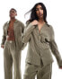 Calvin Klein pure textured sleep shirt and trouser set in khaki