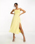 ASOS DESIGN shirred strap ruched bodice dobby pleat midi dress in lemon