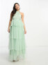 Vila Petite Bridesmaid halterneck tulle midi dress with tiered skirt in mint green