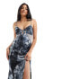 ASOS DESIGN satin lace insert keyhole maxi dress in grey abstract print