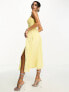 ASOS DESIGN shirred strap ruched bodice dobby pleat midi dress in lemon