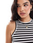 Pieces ribbed racer neck top in mono stripe