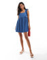 ASOS DESIGN soft denim smock mini dress with bow back in midwash blue