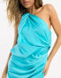 ASOS DESIGN satin one shoulder drape mini dress in blue