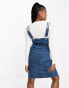 DTT denim buckle strap midi dress with tie waist in mid blue