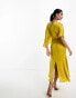 ASOS DESIGN satin flutter sleeve asymmetric hem midi dress in mustard