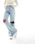 Stradivarius wide leg dad jean with rips in medium blue