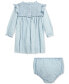 Baby Smocked Ruffle-Trim Cotton Chambray Dress with Matching Bloomer