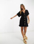 ASOS DESIGN flutter sleeve mini tea dress with buttons in black