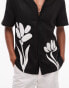 Topman short sleeve embroidered regular fit panel shirt in black